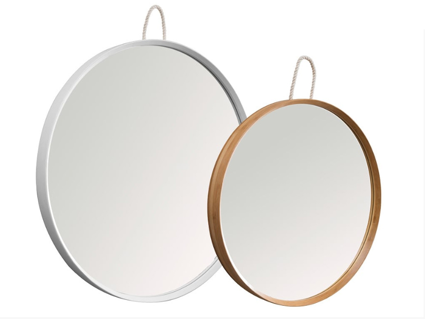 ORDINA ROUND MIRROR Specchio circolare con cornice realizzata in bamboo naturale o bianco opaco Appendibile tramite la corda nautica in cotone naturale ed il pomello in bamboo accessori arredo bagno Cipí