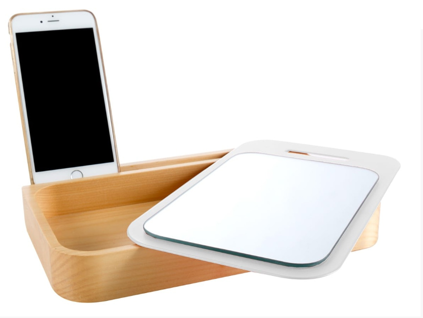 TRAY PAD vassoio in legno di bamboo curvato a caldo che diventa una scatola contenitore per cosmetici, che diventa un supporto per lo specchio da trucco, che diventa l'appoggio per il telefono o il tablet in Bianco o Nero UTILI & PRATICI accessori arredo bagno Cipí