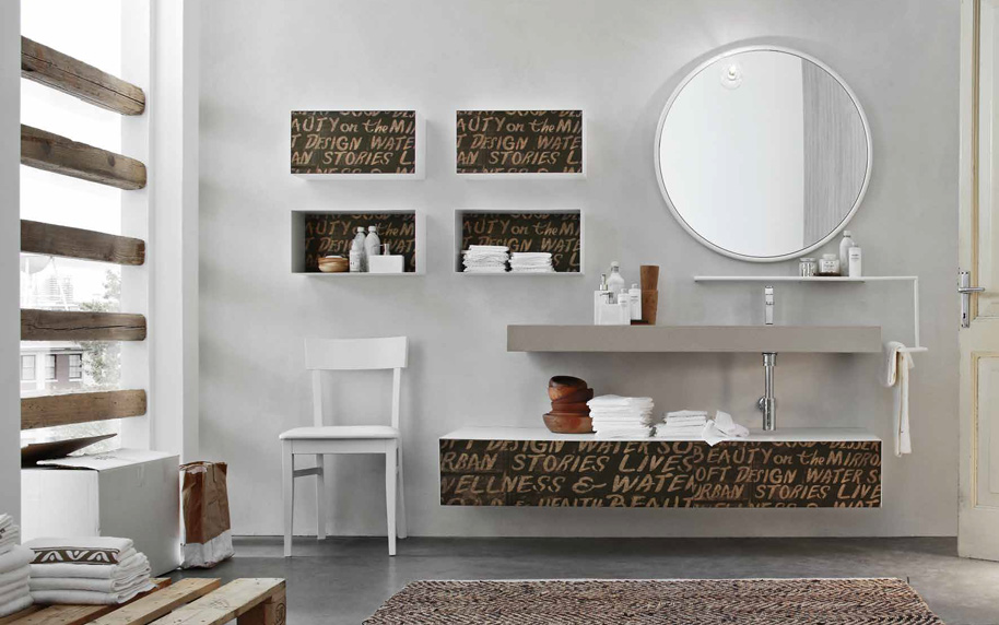 Composizione VT22 serie Decor & Vintage Serigrafato Old America Scritte, Rovere Natural Mobili Bagno Ardeco