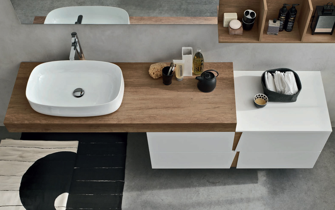 Composizione WR05 serie Wector Bianco Opaco, Nodato Miele Mobili Bagno Ardeco