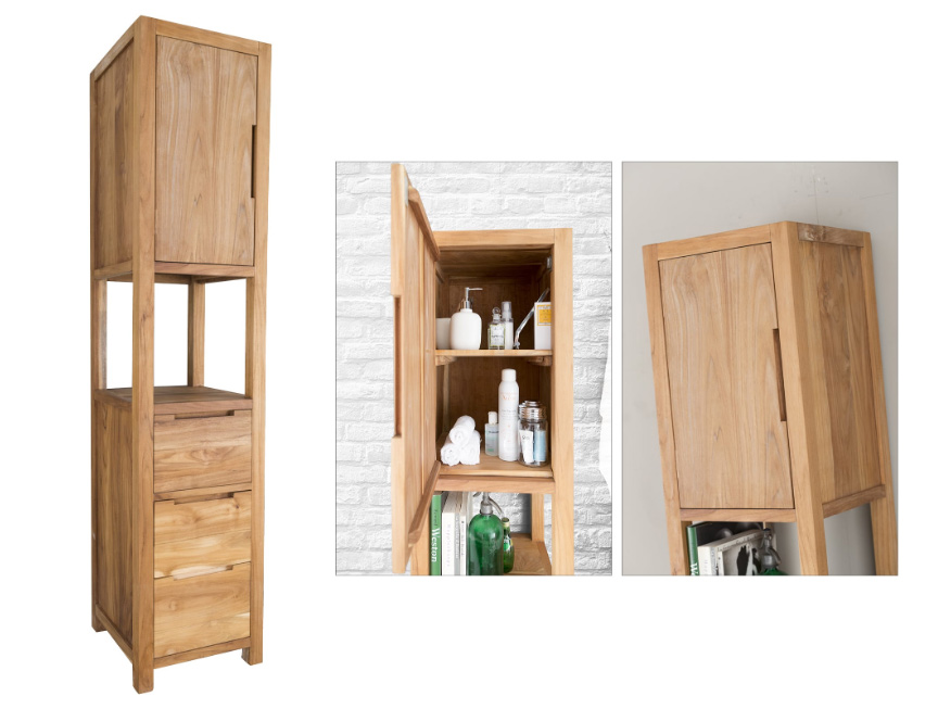 PRATICO CABINET Mobile in teak naturale trattato con preziose cere protettive. Tre capienti cassetti caratterizzano la parte bassa del mobile, ma quello superiore ha una apertura a ribaltina Il vano a giorno separa la zona superiore del cabinet che nasconde dietro lo sportello un vano con due mensole Serie Teak & White Mobili Bagno Cipí