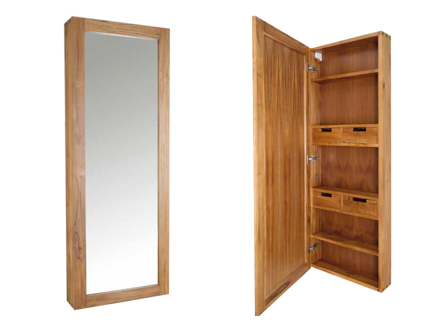 PURO MIRROR CABINET Lo specchio con cornice e struttura in prezioso teak, é anche un favoloso contenitore. Aperta la porta-specchio si presentano 4 ripiani e 4 cassetti. Serie Teak & White Mobili Bagno Cipí