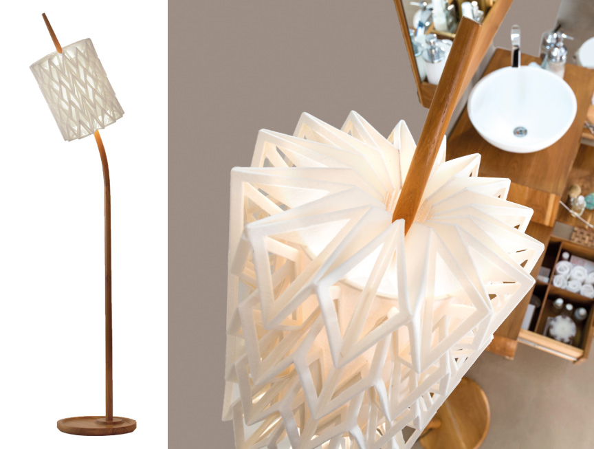 THISTLE STANDING LAMP Ispirato dal fiore nazionale Scozzese il Cardo e dall'intrigante arte dell'Origami Giapponese Scorci di luce penetrano attraverso i disegni geometrici creando un dinamico gioco di luci ed ombre Serie Teak & White Mobili Bagno Cipí