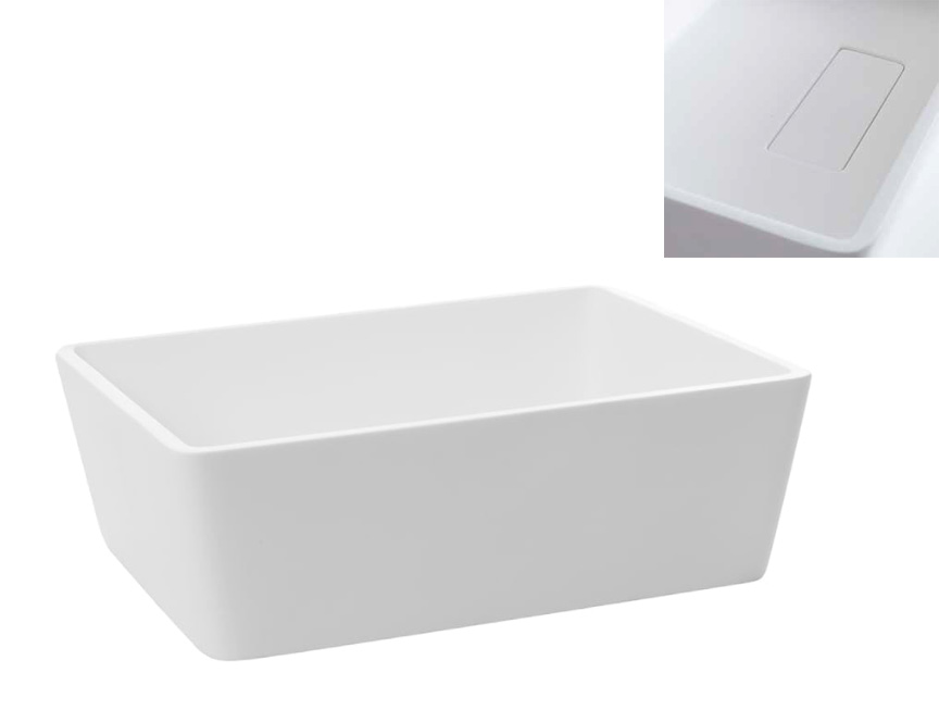 SLASH BASIC Lavandino da appoggio rettangolare con bordi inclinati a basso spessore e scarico piletta nascosto. Realizzato in Betacryl®. Colore Bianco ottico. Serie Teak & White Mobili Bagno Cipí