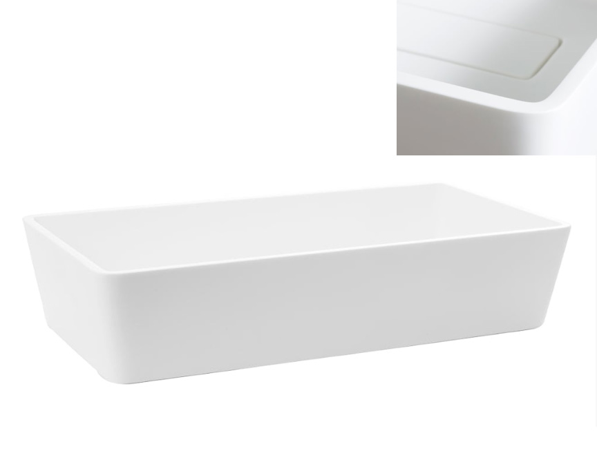 SLASH BIG Lavandino da appoggio rettangolare con bordi inclinati a basso spessore e scarico piletta nascosto. Realizzato in Betacryl®. Colore Bianco ottico. Serie Teak & White Mobili Bagno Cipí