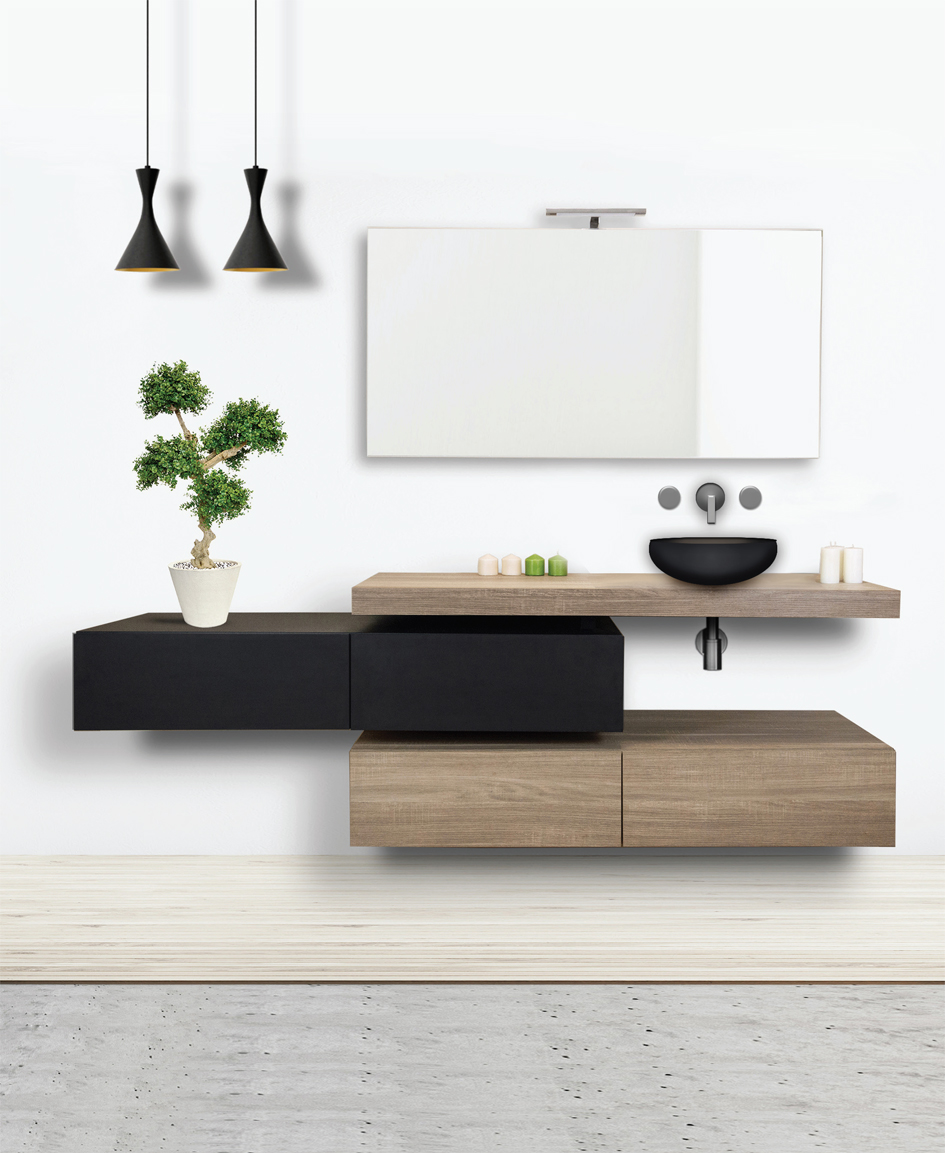 Flying serie componibile finiture disponibili Olmo sabbiato, Rovere antico o Nero touch Mobili Bagno Dianflex Corporation