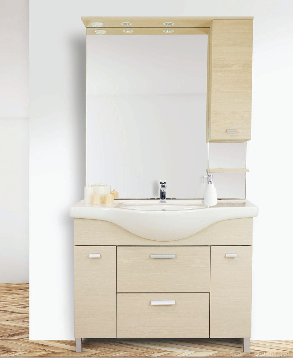 Karine serie Lavabo in ceramica. Specchio con illuminazione alogena. Maniglie e piedini fissi in metallo satinato. Disponibile in 3 finiture Pino spazzolato, Rovere chiaro o Rovere scuro Mobili Bagno Dianflex Corporation