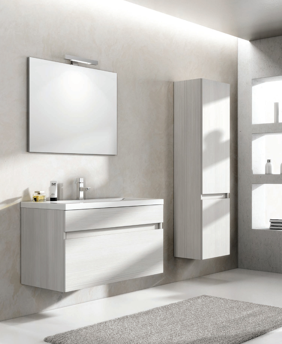 Perseo base ad 1 cassetto con sistema a chiusura ammortizzata, lavabo in mineralmarmo in bianco lucido e specchio a filo lucido con lampada a LED finiture disponibili Larice Bianco Mobili Bagno Dianflex Corporation