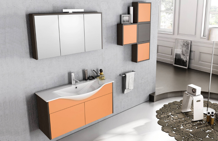 IS 103.03 Idea Style Wengé e 09 Arancio opaco Top mineralmarmo serie Contemporaneo Mobili Bagno Progetto Idea Stella