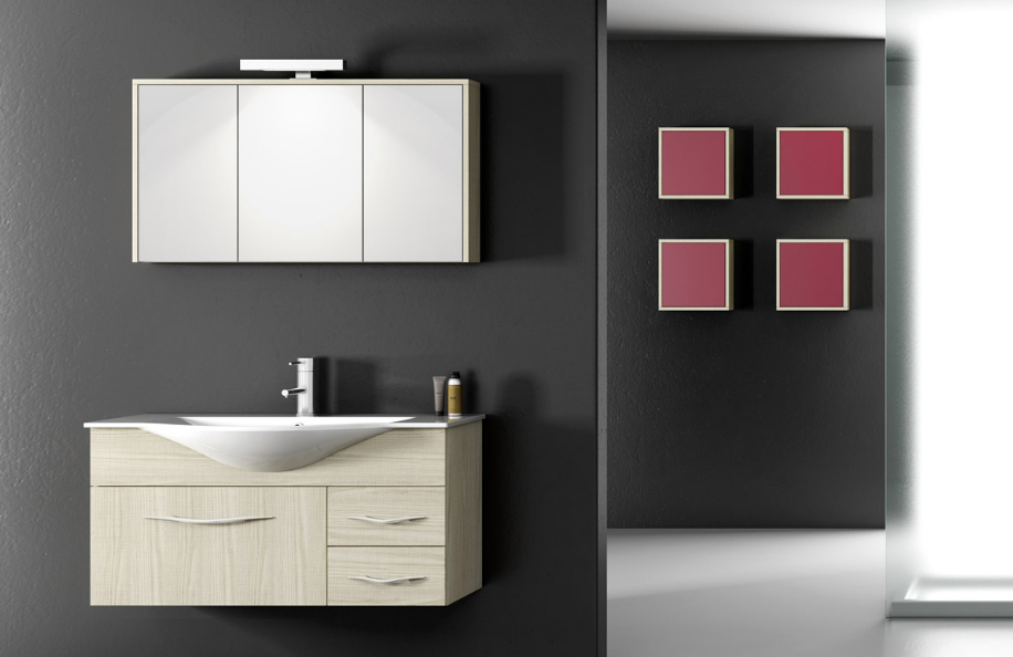 Ise 101.04 Frassino Tranché e 12 Rosso Violetto Opaco Top mineralmarmo serie Contemporaneo Mobili Bagno Progetto Idea Stella