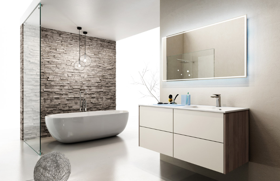 Liko 16 Bianco Crema opaco e Noce Tranché Top mineralmarmo serie Contemporaneo Mobili Bagno Progetto Idea Stella