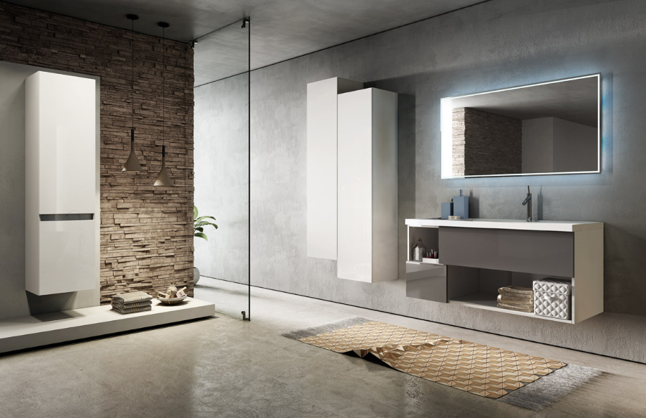 E-Malibú 120.12 Bianco Lucido e Antracite Lucido Top mineralmarmo serie Contemporaneo Mobili Bagno Progetto Idea Stella