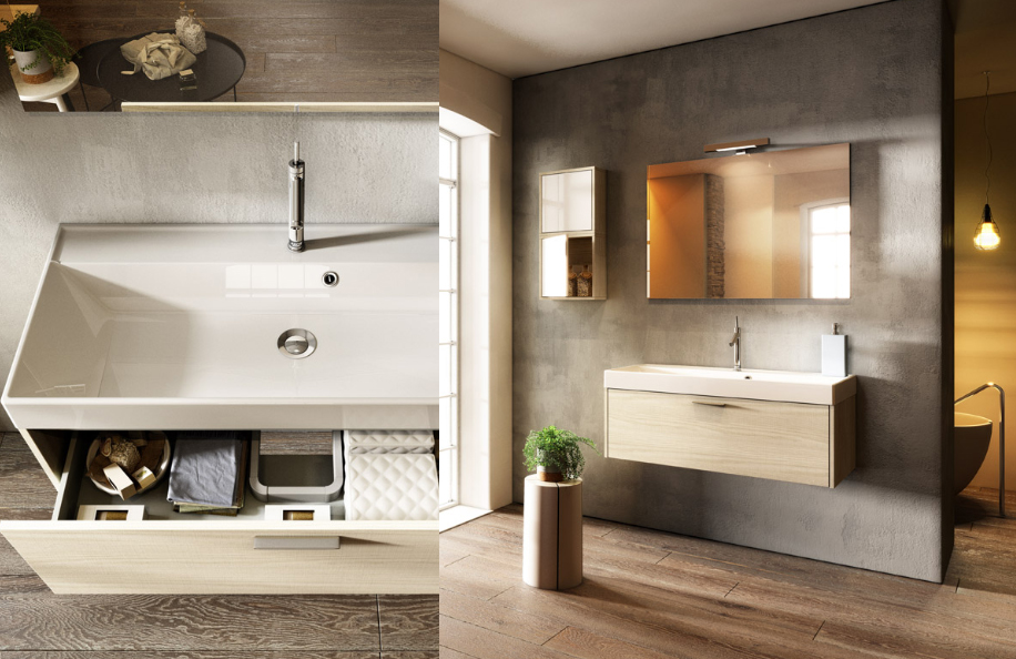 XL 1003 Frassino Tranché Top mineralmarmo serie Contemporaneo Mobili Bagno Progetto Idea Stella