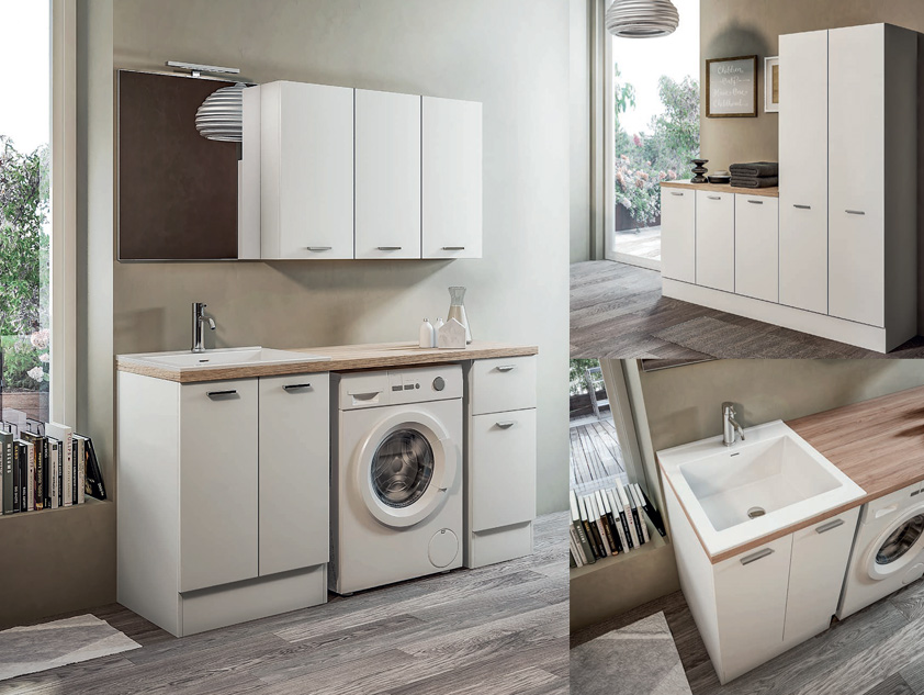 644 serie Lavanderia colore: bianco opaco top olmo rosso con lavatoio incasso
mineralmarmo lucido Mobili Bagno Mobilduenne