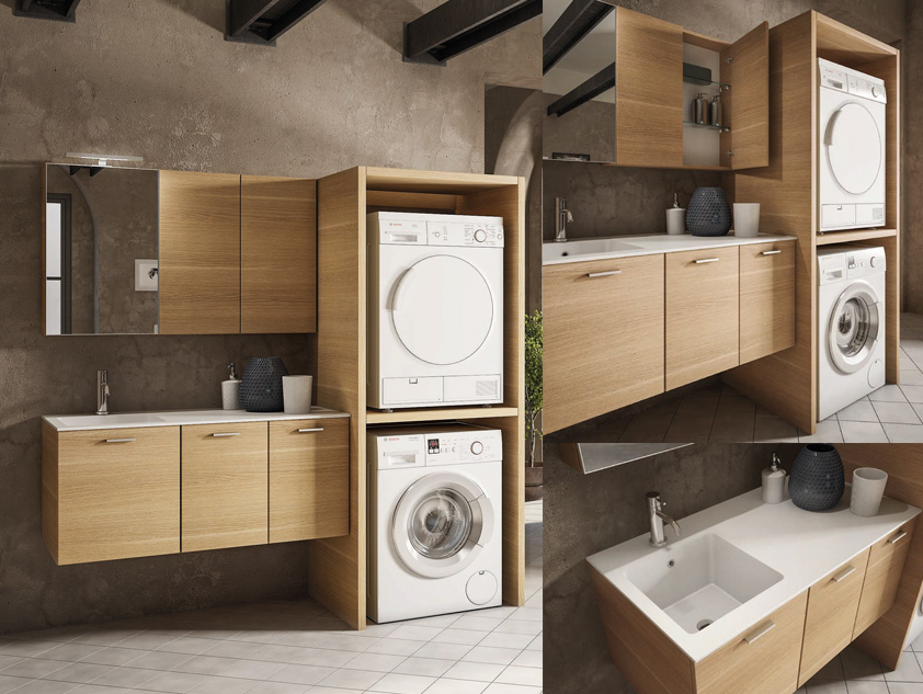 677 serie Lavanderia colore: rovere europeo top consolle lavatoio acrilik bianco opaco Mobili Bagno Mobilduenne