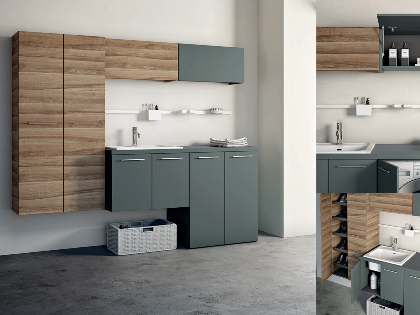 701 serie Lavanderia colore: verde comodoro opaco, noce europeo top verde comodoro opaco con lavatoio incasso ceramica Mobili Bagno Mobilduenne