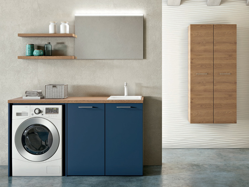 702 serie Lavanderia colore: blu fes opaco, quercia rosso top quercia rosso con lavatoio incasso ceramica Mobili Bagno Mobilduenne