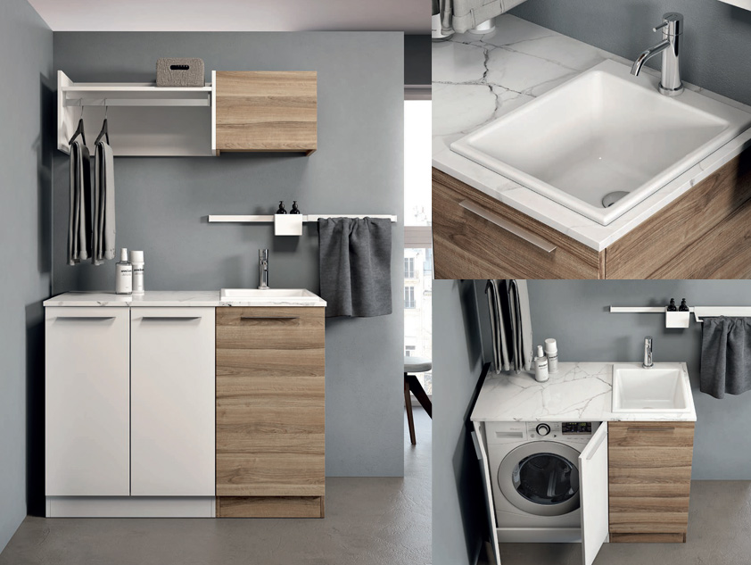 705 serie Lavanderia colore: noce europeo, bianco opaco top marmo bianco statuario con lavatoio incasso ceramica Mobili Bagno Mobilduenne