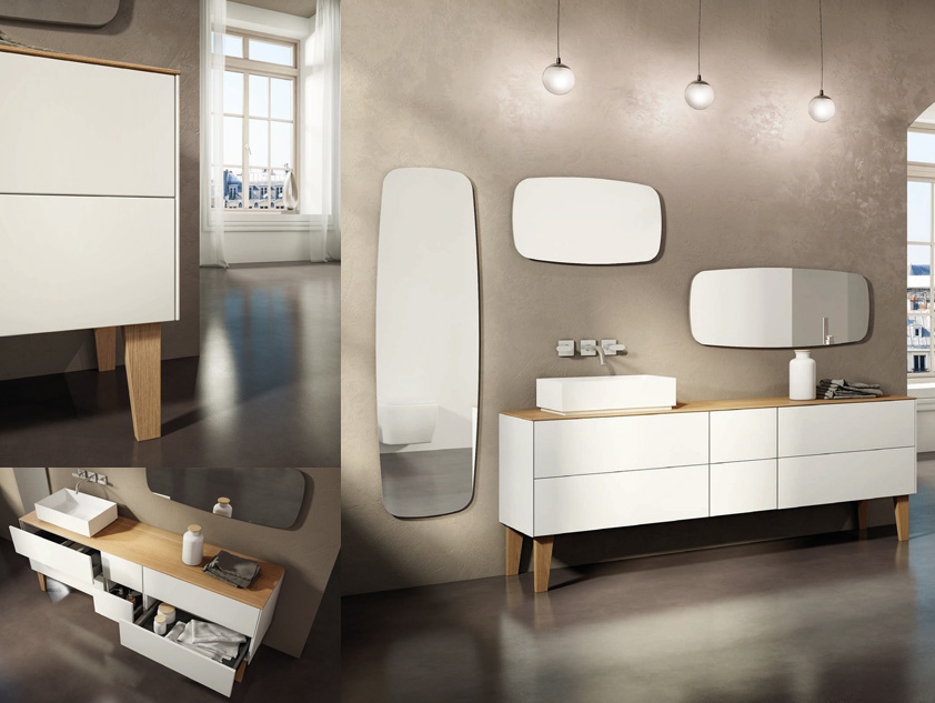 663 serie New Life colore: bianco opaco top legno rovere europeo con lavabo d'appoggio mineralmarmo opaco Mobili Bagno Mobilduenne