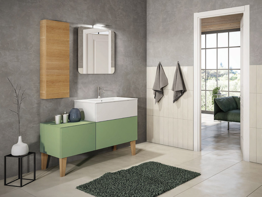 667 serie New Life colore: bianco opaco, ral 6021 opaco, rovere europeo top consolle mineralmarmo opaco Mobili Bagno Mobilduenne