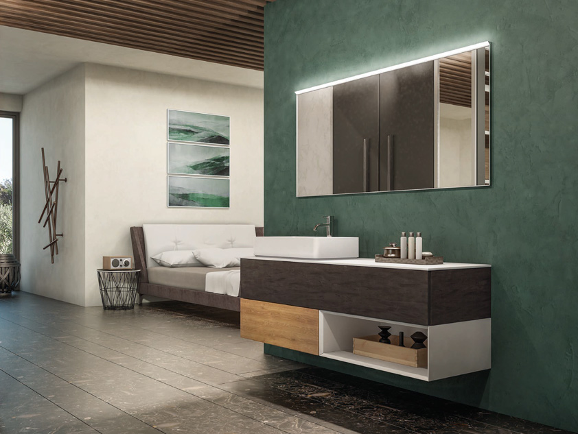 670 serie New Life colore: nero spatolato, quercia rosso, bianco opaco top laccato con lavabo d'appoggio mineralmarmo opaco Mobili Bagno Mobilduenne