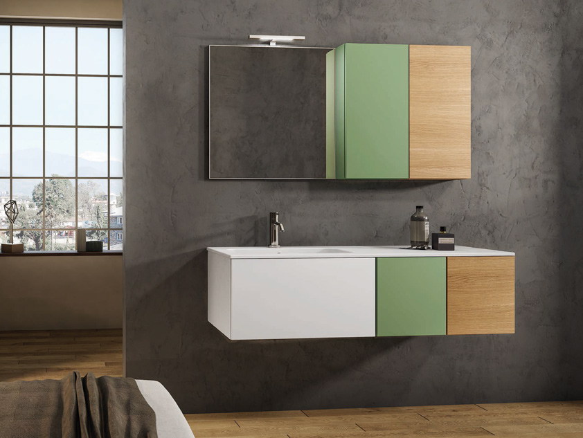 671 serie New Life colore: bianco opaco, ral 6021 opaco, rovere europeo top consolle mineralmarmo opaco Mobili Bagno Mobilduenne