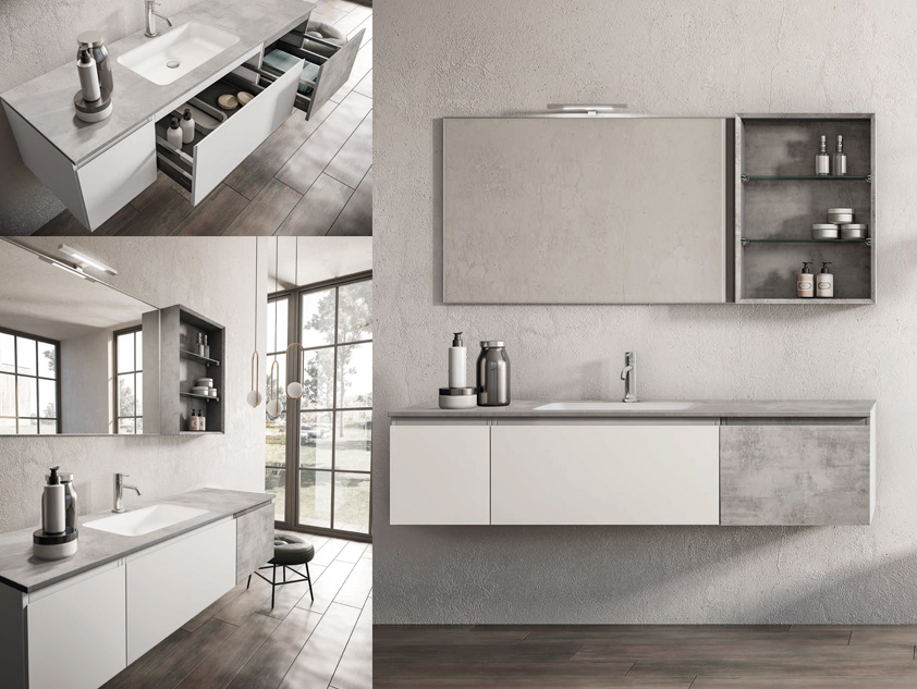 674 serie New Life colore: bianco opaco, grigio spatolato top consolle grigio spatolato con vasca integrata
mineralmarmo opaco Mobili Bagno Mobilduenne