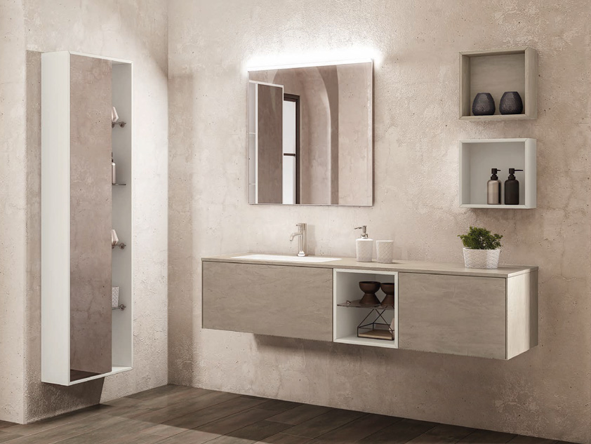 675 serie New Life colore: beige spatolato, bianco opaco top consolle beige spatolato con vasca integrata
mineralmarmo opaco Mobili Bagno Mobilduenne