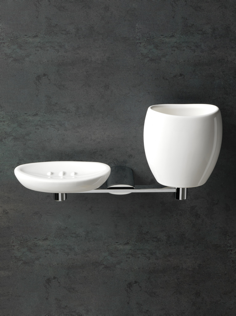 AR14 serie ARIA Porta bicchiere a parete finitura cromata con ceramica bianca Accessori Moderni Arredo Bagno Stilhaus