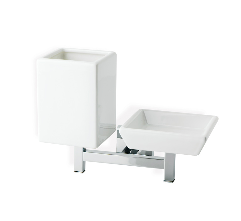 U14 serie URANIA Porta sapone con Porta bicchiere a parete finitura Cromo, Nero Opaco o Nichel Satinato Accessori Moderni Arredo Bagno Stilhaus