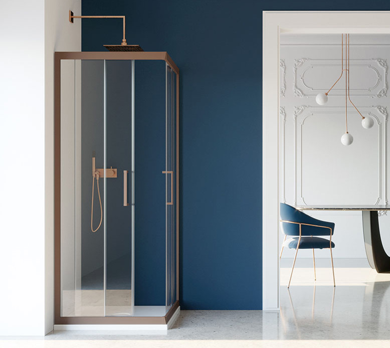 FC-A1FS Serie FUSION COLOR Angolare Doppia Porta Scorrevole Cristallo Trasparente Temperato 6 mm Profilo PVC Chocolate Box Doccia Forte srl Accessori Doccia