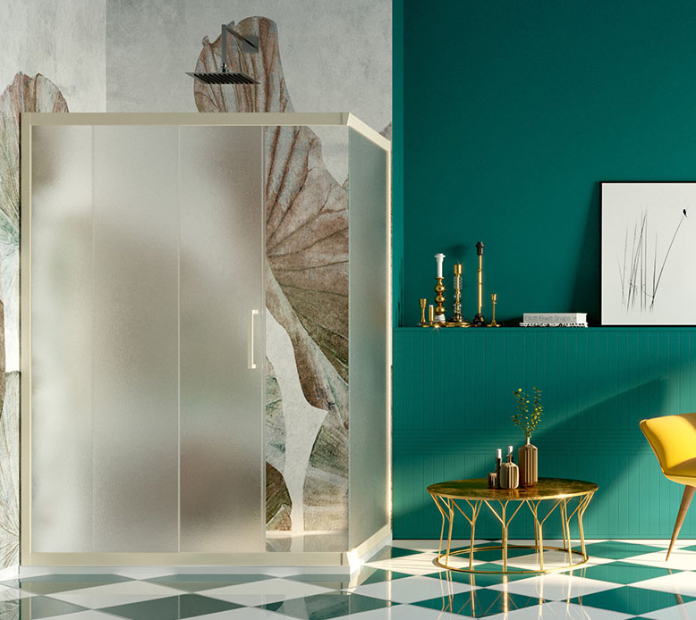 FC-N1FS-F1 Serie FUSION COLOR Nicchia Porta Scorrevole + 1 Fisso Cristallo Cincillá Temperato 6 mm Profilo PVC Champagne Box Doccia Forte srl Accessori Doccia