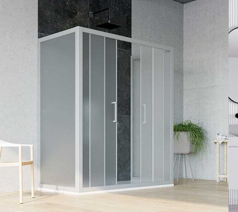 FC-N2FS-2F1 Serie FUSION COLOR Nicchia Doppia Porta Scorrevole + 2 Fissi Cristallo Cincillá Temperato 6 mm Profilo PVC White Matt Box Doccia Forte srl Accessori Doccia