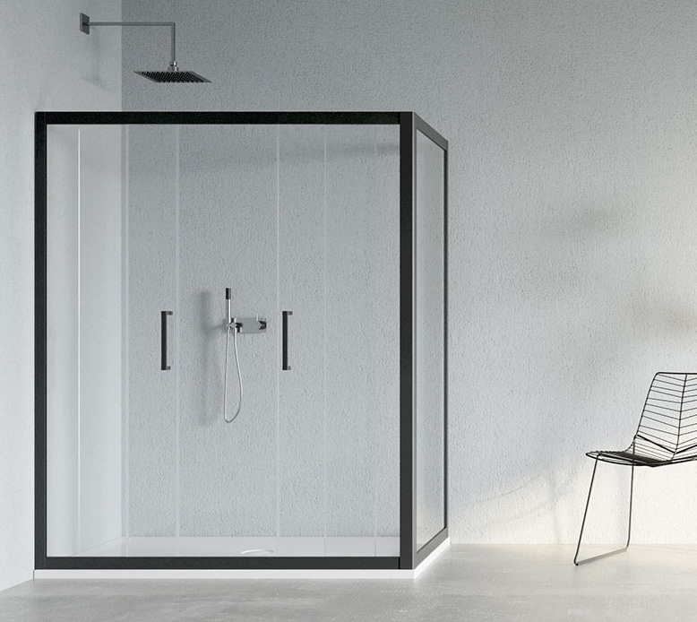 FC-A1FS-F1 Serie FUSION COLOR Nicchia Doppia Porta Scorrevole + 1 Fisso Cristallo Trasparente Temperato 6 mm Profilo PVC Black Matt Box Doccia Forte srl Accessori Doccia