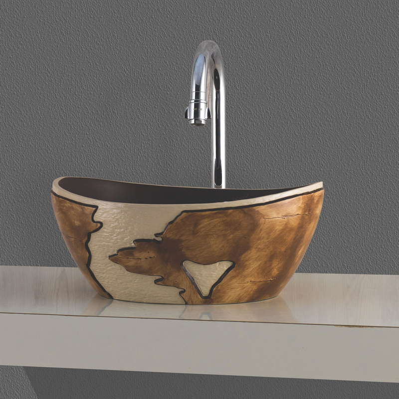 MOD. 185-LZA04 Lavabo d'appoggio artistico risoluto con disegno in rilevo Beige e Marrone Linpha Dianflex