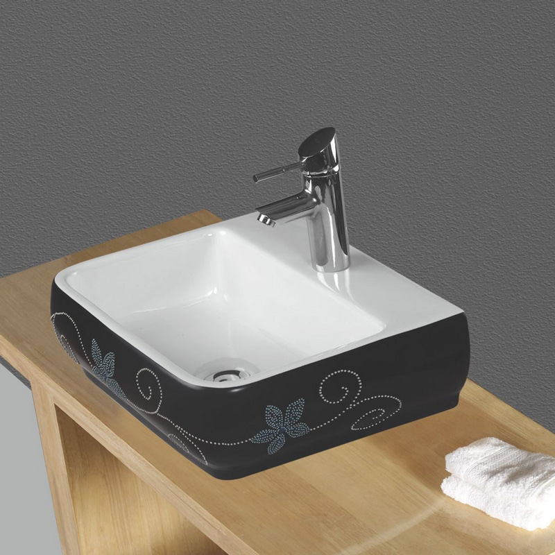 MOD. 185-LZA05 Lavabo d'appoggio artistico elegante e raffinato con rappresentazione floreale blu in rilevo in Ceramica Nero e Blu Esterno - Bianco Interno con foro rubinetto Linpha Dianflex