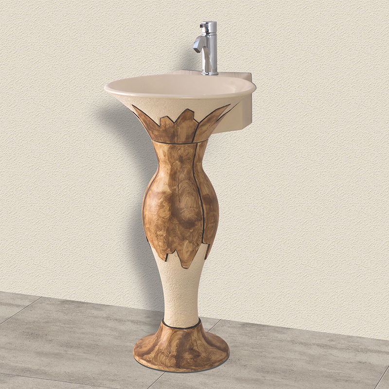 MOD. 185-LZA12 Lavabo artistico in stile esotico a rilievo con colonna in ceramica Beige e bianco Linpha Dianflex