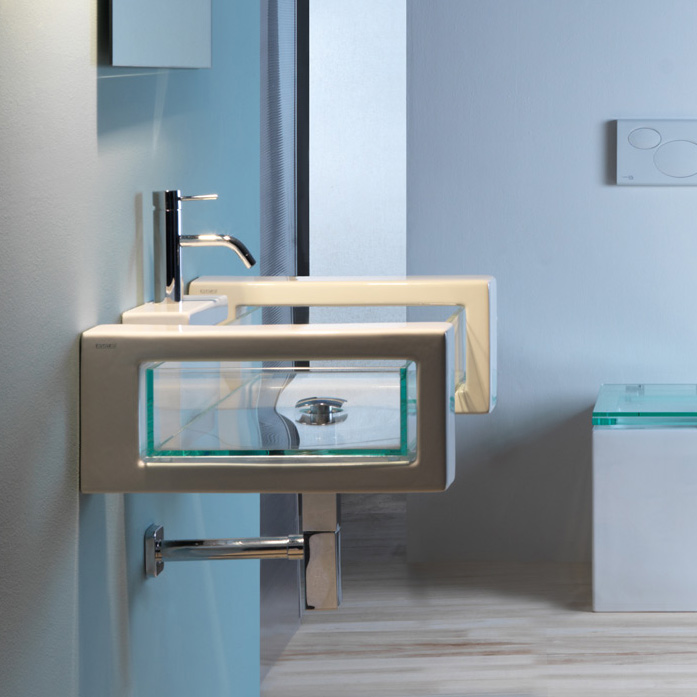 GLLAME80 Lavabo in vetro su coppia di mensole in ceramica Bianco Lucido installazione sospesa o da appoggio Serie Glass Lavabi Gsg