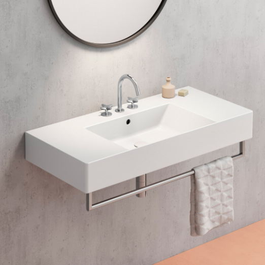 Kube-X 100x47 colore Bianco Lucido Lavabo con foro troppopieno monoforo, predisposto per rubinetteria triforo. Installazione a sospensione e appoggio. Serie Kube-X Lavabi Gsi