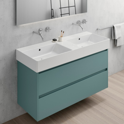 Kube-X 120x47 2 vasche colore Bianco Lucido Lavabo con foro troppopieno monoforo predisposto per rubinetteria 5 fori. Installazione a sospensione e appoggio. Serie Kube-X Lavabi Gsi