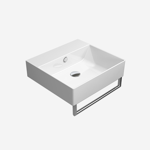 Kube-X 50x47 colore Bianco Lucido Lavabo con foro troppopieno monoforo, predisposto per rubinetteria triforo. Installazione a sospensione e appoggio. Serie Kube-X Lavabi Gsi