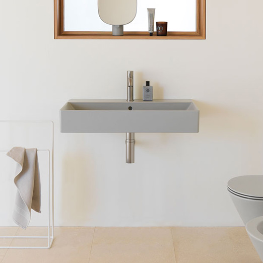 Kube-X 80x47 colore Cenere Lavabo con foro troppopieno monoforo, predisposto per rubinetteria triforo. Installazione a sospensione e appoggio. Serie Kube-X Lavabi Gsi