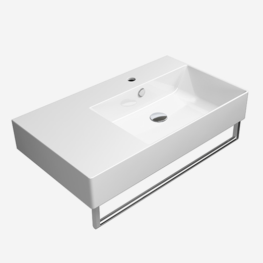 Kube-X 80x47 colore Bianco Lucido Lavabo con foro troppopieno monoforo, predisposto per rubinetteria triforo. Installazione a sospensione e appoggio. Serie Kube-X Lavabi Gsi