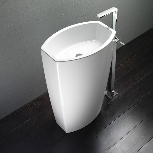 Norm 56x40xh85 colore Bianco Lucido Lavabo Freestanding senza foro troppopieno, predisposto per rubinetteria da parete o pavimento. Installazione con scarico a parete. Serie Norm Lavabi Gsi