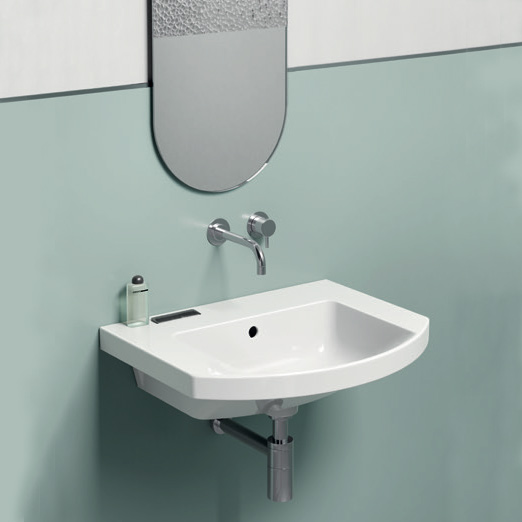 Norm 65x50 Curvato colore Bianco Lucido Lavabo con foro troppopieno, monoforo predisposto per rubinetteria triforo. Installazione a sospensione o incasso. Serie Norm Lavabi Gsi