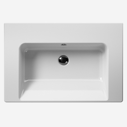 Norm 75x50 colore Bianco Lucido Lavabo con foro troppopieno, monoforo predisposto per rubinetteria triforo. Installazione a sospensione o incasso. Serie Norm Lavabi Gsi