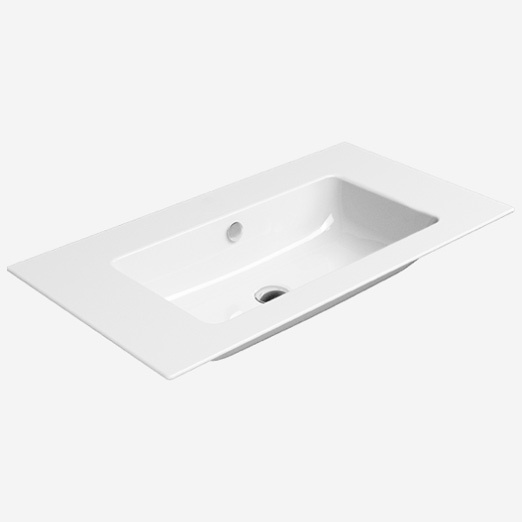 Pura 82x46 colore Bianco Lucido Lavabo con foro troppopieno monoforo predisposto per rubinetteria triforo.  Installazione a sospensione ed incasso. Serie Pura Lavabi Gsi