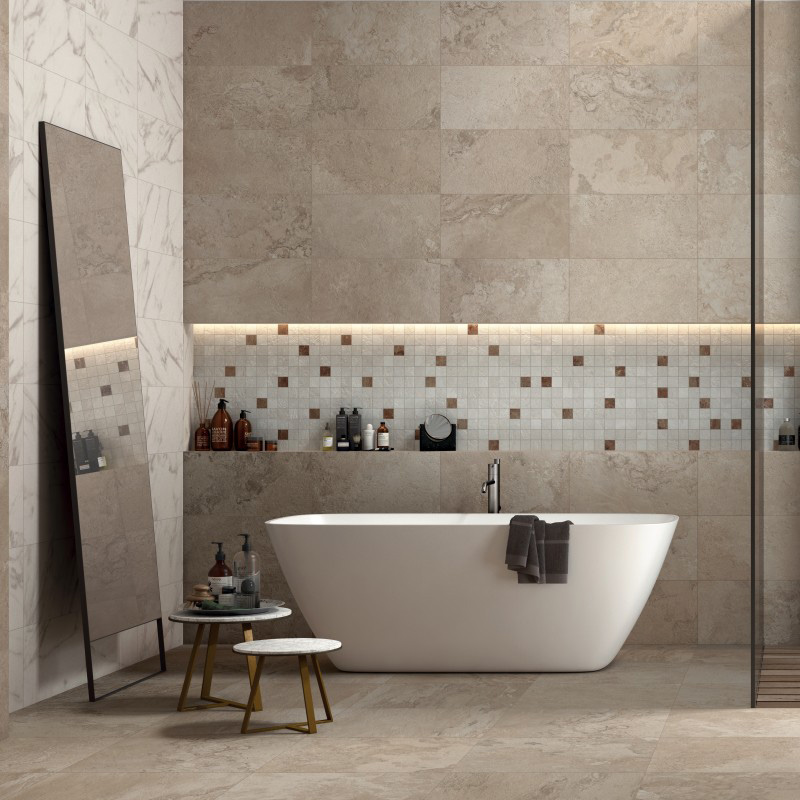 Wall: Sand 30x60 Mosaico Quadretti Glam Ivory 30x30 Sensi Calacatta Select Sablé 30x60 Floor: Sand 60x60 Alpes Raw Legni Abk Piastrelle & Mosaici