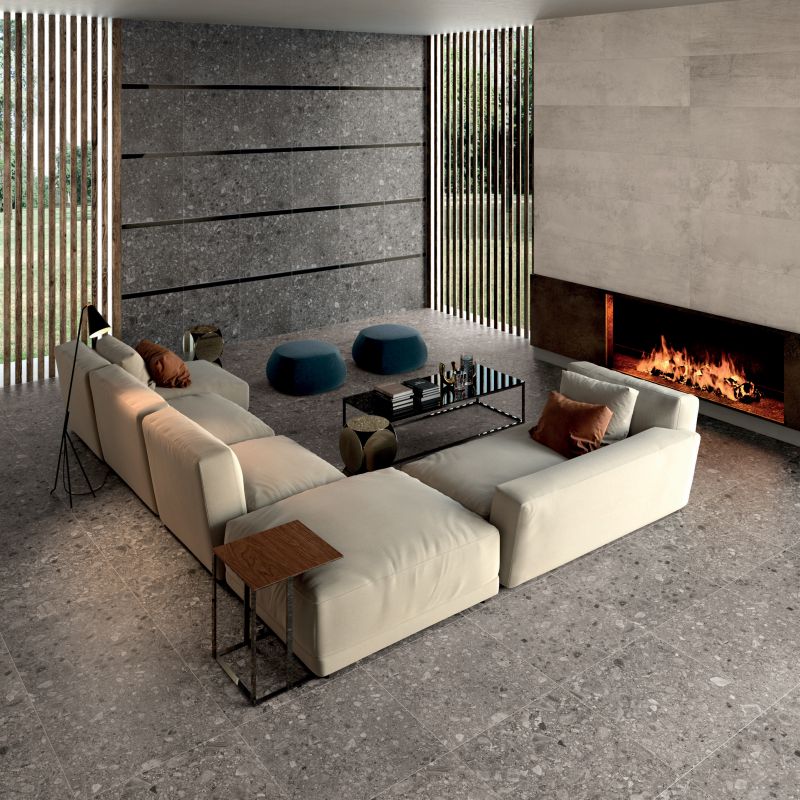 Wall: Antracite bocciardato 60x60 Listello Vetro Nero Floor: Tortora 60x60 Futura Pietra Ariana Piastrelle & Mosaici