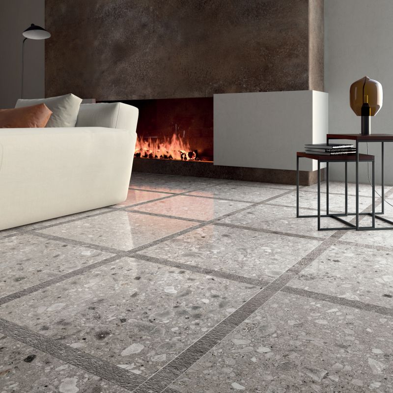 Floor: Cenere Lapp. 60x60 Listone Tortora Bocc. 5x60 Tozzetto Tortora Bocc. 5x5 Futura Pietra Ariana Piastrelle & Mosaici